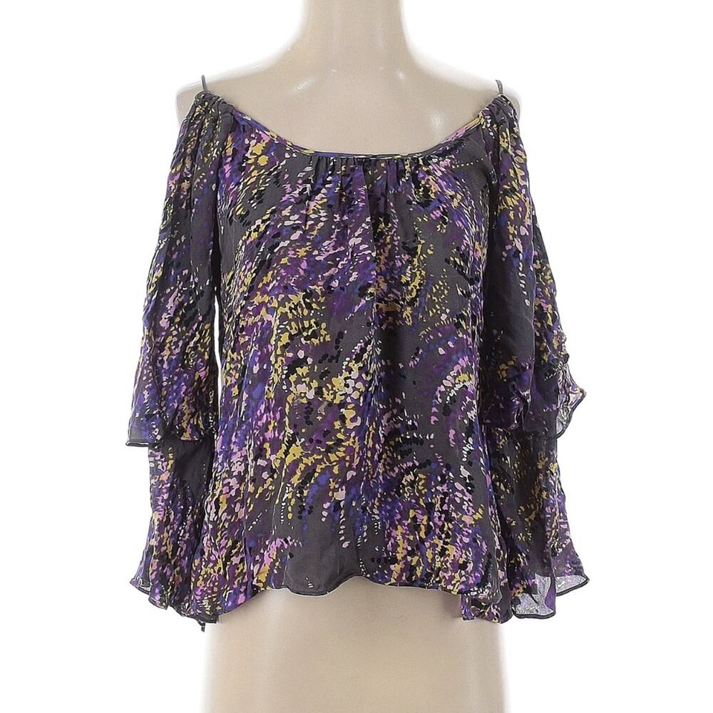 PARKER Silk Top Cold Shoulder 3/4 Ruffle Sleeve Blouse XS Purple cutout 2010 Y2K